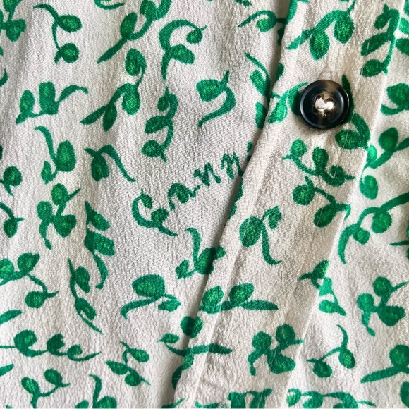 Ganni | Green White Printed Crepe Button Down Blouse Tapioca Spell Out Vine - Picture 7 of 10